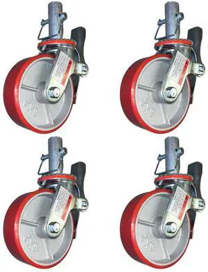 4 pcs Scaffold Caster 5" 6" 8" Black/Red Wheels with Locking Brakes (6" Polyurethane Cast Iron 1-3/8" stem) 4 pcs Scaffold Caster 5" 6" 8" Black/Red Wheels with Locking Brakes (6" Polyurethane Cast Iron 1-3/8" stem)