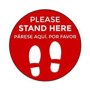 Social Distancing Floor Signs in English & Spanish - Pack of 25 Stickers - Red Stand Here Design - 12 Inch Circle - Indoor Only - Removable Adhesive Vinyl Social Distancing Floor Signs in English & Spanish - Pack of 25 Stickers - Red Stand Here Design - 12 Inch Circle - Indoor Only - Removable Adhesive Vinyl