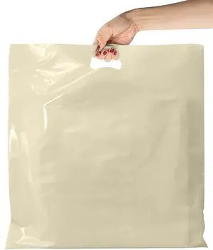 Die Cut Handle Merchandise Bags, Ivory LDPE Plastic Shopping Bags, 20 x 20 x 5 Inch Bottom Gusset, 2 Mil Thickness, Pack of 250 Die Cut Handle Merchandise Bags, Ivory LDPE Plastic Shopping Bags, 20 x 20 x 5 Inch Bottom Gusset, 2 Mil Thickness, Pack of 250