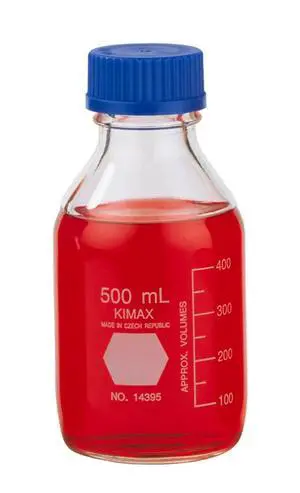 14395-500 Borosilicate Glass GL-45 Media/Storage Bottle With Blue Polypropylene Screw Thread Cap, 500mL (Case of 10) 14395-500 Borosilicate Glass GL-45 Media/Storage Bottle With Blue Polypropylene Screw Thread Cap, 500mL (Case of 10)