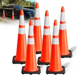 Traffic Cones 36 Inch Safety Cones 6 Pack with Heavy Duty Black Base - Safety Cones with Reflective Collars for Driveway Road Safety, Traffic Control, Parking Lot (36inch, 6 Pack) Traffic Cones 36 Inch Safety Cones 6 Pack with Heavy Duty Black Base - Safety Cones with Reflective Collars for Driveway Road Safety, Traffic Control, Parking Lot (36inch, 6 Pack)