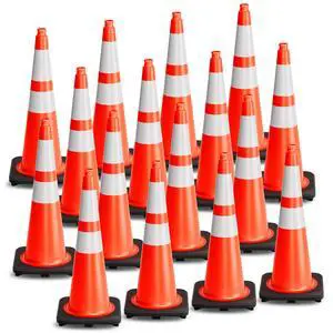 Traffic Cones 28 Inch Orange Cones 16 Pack with Heavy Duty Black Base - Safety Cones with Reflective Collars for Driveway Road Safety, Traffic Control, Parking Lot (28inch, 16 Pack) Traffic Cones 28 Inch Orange Cones 16 Pack with Heavy Duty Black Base - Safety Cones with Reflective Collars for Driveway Road Safety, Traffic Control, Parking Lot (28inch, 16 Pack)