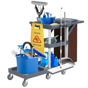 Commercial 3-Shelf Janitorial Cart with 2 Cabinets/Shelves, Commercial Traditional Wheeled Cleaning Cart with Cover and Oxford Bag, 300 Lb Capacity, Suitable for Schools, Hotels, Apartments Commercial 3-Shelf Janitorial Cart with 2 Cabinets/Shelves, Commercial Traditional Wheeled Cleaning Cart with Cover and Oxford Bag, 300 Lb Capacity, Suitable for Schools, Hotels, Apartments
