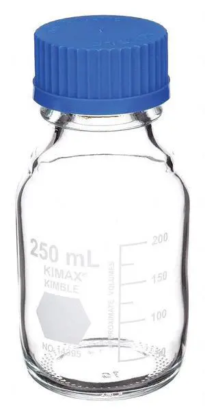 14395-250 Borosilicate Glass GL-45 Media/Storage Bottle With Blue Polypropylene Screw Thread Cap, 250 mL (Case of 10) 14395-250 Borosilicate Glass GL-45 Media/Storage Bottle With Blue Polypropylene Screw Thread Cap, 250 mL (Case of 10)