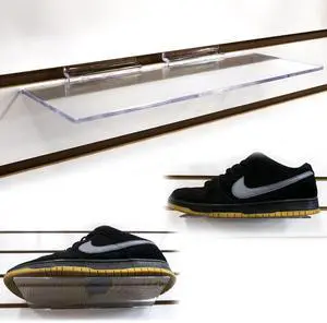 Clear Acrylic Slatwall Shoe Shelf, 4" D x 10" L Flat Acrylic Shoe Display Shelf, 100 Pack Clear Acrylic Slatwall Shoe Shelf, 4" D x 10" L Flat Acrylic Shoe Display Shelf, 100 Pack