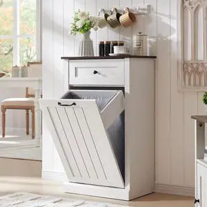 Tilt Out Trash Can Cabinet, Hidden Wooden Trash Can Cabinet, Farmhouse Laundry Hamper Cabinet, Trash Garbage Can Bin Cabinet with Storage Basket for Kitchen, Living Room (White), Single Door Tilt Out Trash Can Cabinet, Hidden Wooden Trash Can Cabinet, Farmhouse Laundry Hamper Cabinet, Trash Garbage Can Bin Cabinet with Storage Basket for Kitchen, Living Room (White), Single Door