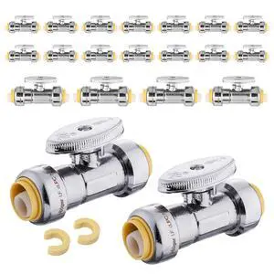 (Pack of 20) Push Fit 1/4 Turn Straight Stop Valve Water Shut Off 1/2 Inch Push x 1/2 Inch Push, Chrome with a Disconnect Clip,(PF-VALVE035-20PCS) (Pack of 20) Push Fit 1/4 Turn Straight Stop Valve Water Shut Off 1/2 Inch Push x 1/2 Inch Push, Chrome with a Disconnect Clip,(PF-VALVE035-20PCS)