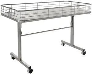 Folding Dump Table, 48 Chrome Retail Display Table with Wire Fence, Rolling Merchandise Bin with Locking Casters, 23.5x47x31 Folding Dump Table, 48 Chrome Retail Display Table with Wire Fence, Rolling Merchandise Bin with Locking Casters, 23.5x47x31