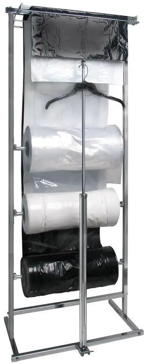 K30 3-Roll Polyethylene Bag Dispensing Rack, Horizontal Bagging Jack, Adjustable 39in68in Height, 1in Square Tubing Steel Frame, Retail & Dry Cleaner Bag Holder K30 3-Roll Polyethylene Bag Dispensing Rack, Horizontal Bagging Jack, Adjustable 39in68in Height, 1in Square Tubing Steel Frame, Retail & Dry Cleaner Bag Holder