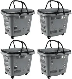 50 Liter Plastic Shopping Basket with Wheels, 4 Pack Large Rolling Baskets for Groceries, Gray 50 Liter Plastic Shopping Basket with Wheels, 4 Pack Large Rolling Baskets for Groceries, Gray