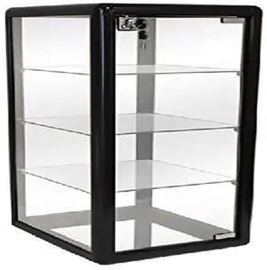 Elegant Black Aluminum Table Top Tempered Glass Display Showcase with (3) Glass Shelves. Hinged Glass Door Includes Lock and Key Elegant Black Aluminum Table Top Tempered Glass Display Showcase with (3) Glass Shelves. Hinged Glass Door Includes Lock and Key
