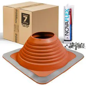 #7 Square Silicone Metal Roof Pipe Flashing Boot with Complete Install Kit (Fits 5-1/2 - 11-1/2 Pipe OD), Red #7 Square Silicone Metal Roof Pipe Flashing Boot with Complete Install Kit (Fits 5-1/2 - 11-1/2 Pipe OD), Red