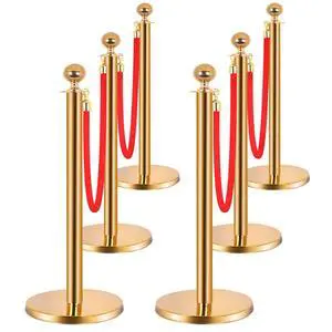 Stainless Steel Stanchion Post Set 6PCS Pole w/ 4 Red Velvet 5ft Ropes - Hollow Base for Crowd Control Barriers, Ideal for Red Carpet, Party, Wedding, Hotels, Exhibitions - Gold Stainless Steel Stanchion Post Set 6PCS Pole w/ 4 Red Velvet 5ft Ropes - Hollow Base for Crowd Control Barriers, Ideal for Red Carpet, Party, Wedding, Hotels, Exhibitions - Gold