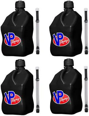 5.5 Gallon Square Motorsport Jug Black with Deluxe Filler Hoses (4 Pack) 5.5 Gallon Square Motorsport Jug Black with Deluxe Filler Hoses (4 Pack)