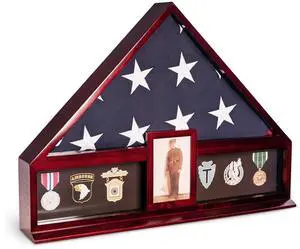 Handcrafted Military Flag and Medal Display Wood Case Large Cherry Finish Handcrafted Military Flag and Medal Display Wood Case Large Cherry Finish