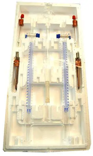 Hoffman Electrolysis Apparatus with PTFE Stopcocks - Hoffman Voltameter - Borosilicate Glass - Includes (2) Platinum Electrodes & (2) Carbon Electrodes Hoffman Electrolysis Apparatus with PTFE Stopcocks - Hoffman Voltameter - Borosilicate Glass - Includes (2) Platinum Electrodes & (2) Carbon Electrodes