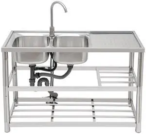 Free Standing Commercial Kitchen Sink Stainless Steel, Double Bowl Utility Sink with 360° Rotatable Faucet and Water Pipes Restaurant Outdoor Utility Sink Left Dual-Bowl (47x17.7x31.5in-A) Free Standing Commercial Kitchen Sink Stainless Steel, Double Bowl Utility Sink with 360° Rotatable Faucet and Water Pipes Restaurant Outdoor Utility Sink Left Dual-Bowl (47x17.7x31.5in-A)