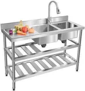Stainless Steel Utility Sink with Drawable Hot & Cold Water Faucet, 2 Compartment Free Standing Commercial Kitchen Sink Double Bowl Outdoor Sink for Restaurant Garage (47.2x17.7x31.9in) Stainless Steel Utility Sink with Drawable Hot & Cold Water Faucet, 2 Compartment Free Standing Commercial Kitchen Sink Double Bowl Outdoor Sink for Restaurant Garage (47.2x17.7x31.9in)