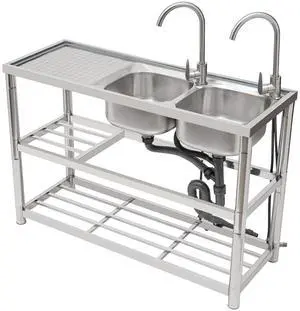 Free Standing Commercial Kitchen Sink Stainless Steel, Double Bowl Utility Sink with 2 360° Rotatable Faucet and Water Pipes Restaurant Outdoor Utility Sink Right Dual-Bowl (47x17.7x31.5in-B) Free Standing Commercial Kitchen Sink Stainless Steel, Double Bowl Utility Sink with 2 360° Rotatable Faucet and Water Pipes Restaurant Outdoor Utility Sink Right Dual-Bowl (47x17.7x31.5in-B)