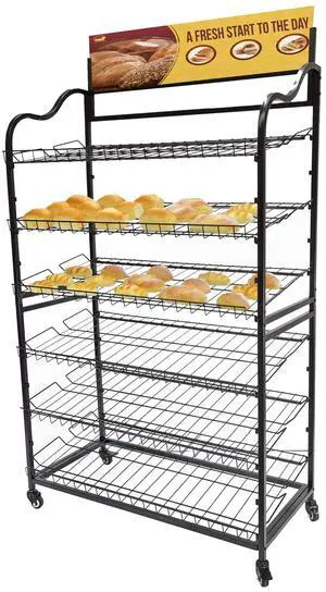 ® Wide Metal Bakery Display Rack on Wheels, 6 Shelves with Header Holder, 39.5" Wide X 18.5" Deep X 67.8" Black 19399 ® Wide Metal Bakery Display Rack on Wheels, 6 Shelves with Header Holder, 39.5" Wide X 18.5" Deep X 67.8" Black 19399