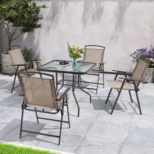 5 Piece Patio Dining Set with 4 Folding Chairs and Table Outdoor Dining Furniture with Square Glass Tabletop, Umbrella Hole for Bistro, Garden, Backyard, Deck (Beige) 5 Piece Patio Dining Set with 4 Folding Chairs and Table Outdoor Dining Furniture with Square Glass Tabletop, Umbrella Hole for Bistro, Garden, Backyard, Deck (Beige)