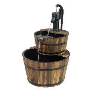 2-Tier Rustic Outdoor Fountain, 24in. Wide Garden Decor Water Fountain with Submersible Electric Pump and Cast Iron Hand Pump Accessory for Patio, Garden, and Yard 2-Tier Rustic Outdoor Fountain, 24in. Wide Garden Decor Water Fountain with Submersible Electric Pump and Cast Iron Hand Pump Accessory for Patio, Garden, and Yard