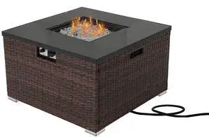 Propane Patio Fire Pit Table, Lava Rocks and Rain Cover for Outdoor Leisure Party,40,000 BTU, Tank Outside, 32-inch Square Dark Brown Wicker Fire Table Propane Patio Fire Pit Table, Lava Rocks and Rain Cover for Outdoor Leisure Party,40,000 BTU, Tank Outside, 32-inch Square Dark Brown Wicker Fire Table