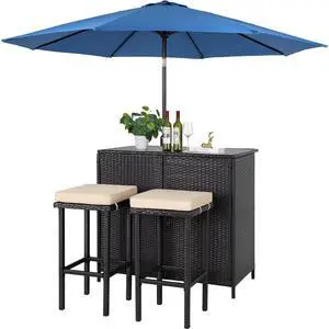 3-Piece Outdoor Patio Bar Set Black Brown Wicker Bar Table Set Patio Furniture Set Outdoor Bar and Two Stools with Cushions and 9 FT Patio Umbrella, Dark Blue 3-Piece Outdoor Patio Bar Set Black Brown Wicker Bar Table Set Patio Furniture Set Outdoor Bar and Two Stools with Cushions and 9 FT Patio Umbrella, Dark Blue