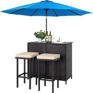 3-Piece Outdoor Patio Bar Set Black Brown Wicker Bar Table Set Patio Furniture Set Outdoor Bar and Two Stools with Cushions and 9 FT Patio Umbrella, Sky Blue 3-Piece Outdoor Patio Bar Set Black Brown Wicker Bar Table Set Patio Furniture Set Outdoor Bar and Two Stools with Cushions and 9 FT Patio Umbrella, Sky Blue
