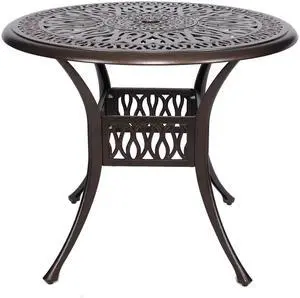 35 Round Cast Aluminum Dining Table, Outdoor Patio Retro Bistro Dining Table with 2 Umbrella Hole 35 Round Cast Aluminum Dining Table, Outdoor Patio Retro Bistro Dining Table with 2 Umbrella Hole