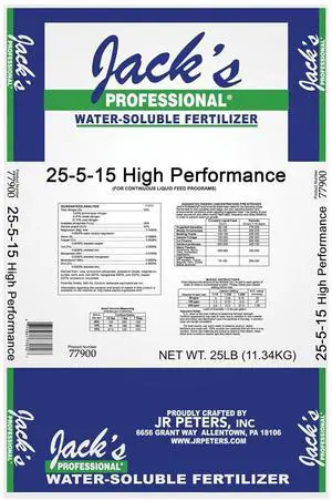 Jack's Professional 25-5-15 High Performance Water-Soluble Fertilizer with Micronutrients for Heavy Feeding Plants in Continuous Liquid Feed Programs, 25lbs Jack's Professional 25-5-15 High Performance Water-Soluble Fertilizer with Micronutrients for Heavy Feeding Plants in Continuous Liquid Feed Programs, 25lbs