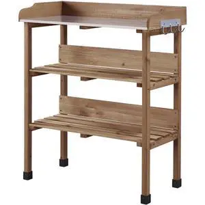 Potting Bench Table w/Metal Tabletop for Garden, Fir Wood Workstation w/3 Tier Shelves, Outdoor Work Bench w/Hook Brown Potting Bench Table w/Metal Tabletop for Garden, Fir Wood Workstation w/3 Tier Shelves, Outdoor Work Bench w/Hook Brown