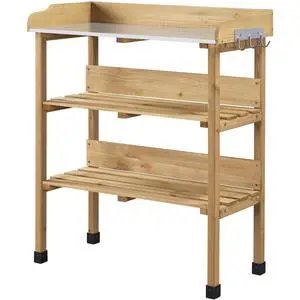 Potting Bench Table w/Metal Tabletop for Garden, Fir Wood Workstation w/3 Tier Shelves, Outdoor Work Bench w/Hook Natural Wood Potting Bench Table w/Metal Tabletop for Garden, Fir Wood Workstation w/3 Tier Shelves, Outdoor Work Bench w/Hook Natural Wood