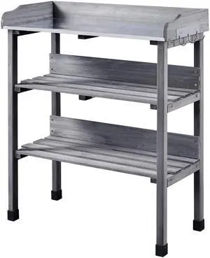 Fir Wood Potting Bench W/Storage Shelf W/Metal Tabletop W/Hook 3 Shelves Potting Table for Outdoor Garden Work Bench Gray Fir Wood Potting Bench W/Storage Shelf W/Metal Tabletop W/Hook 3 Shelves Potting Table for Outdoor Garden Work Bench Gray