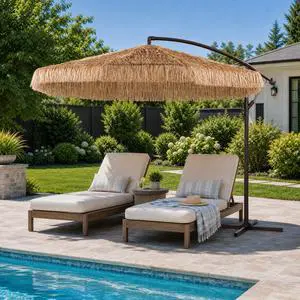9FT Cantilever Tiki Thatch Patio Umbrella, Hand-Push Tilt Offset Umbrella for Outdoor, Poolside, Backyard, Beach - Natural Straw Look (No Base) 9FT Cantilever Tiki Thatch Patio Umbrella, Hand-Push Tilt Offset Umbrella for Outdoor, Poolside, Backyard, Beach - Natural Straw Look (No Base)