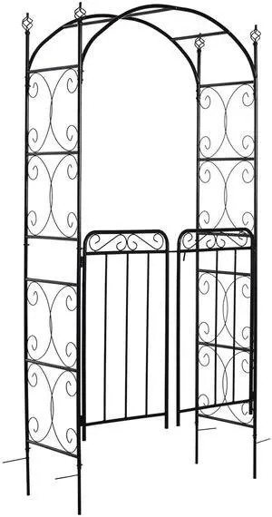 84" Garden Arch Arbor with Gate, Metal Arch Trellis, Garden Archway for Climbing Vines, Wedding Ceremony Decoration, Flourishes & Arrow Tips, Black 84" Garden Arch Arbor with Gate, Metal Arch Trellis, Garden Archway for Climbing Vines, Wedding Ceremony Decoration, Flourishes & Arrow Tips, Black