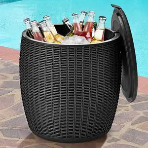 9.5 Gal Cooler Bar Table, Patio Wicker Ice Cool Bar Table, Outdoor Rattan Bar Table with Ice Bucket, Ice Bucket with Side Handles & Lid, Beer & Wine Cooler for Party, Poolside, Deck, Yard 9.5 Gal Cooler Bar Table, Patio Wicker Ice Cool Bar Table, Outdoor Rattan Bar Table with Ice Bucket, Ice Bucket with Side Handles & Lid, Beer & Wine Cooler for Party, Poolside, Deck, Yard