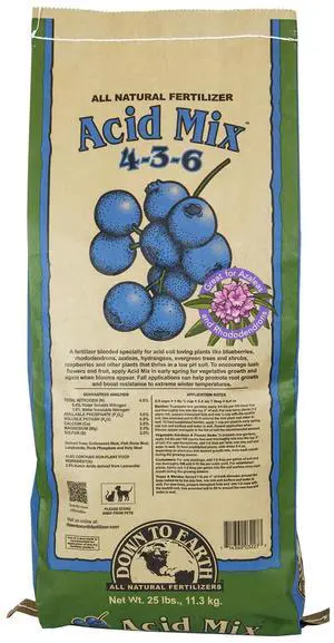 Organic Acid Mix - Plant Food for Blueberries, Raspberries, Azaleas and Rhododendrons 4-3-6, 25 lb Organic Acid Mix - Plant Food for Blueberries, Raspberries, Azaleas and Rhododendrons 4-3-6, 25 lb