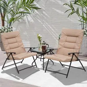 3 Pieces Patio Padded Folding Chair, Outdoor Adjustable Reclining Lounge Chairs with Tempered Glass Table (Beige) 3 Pieces Patio Padded Folding Chair, Outdoor Adjustable Reclining Lounge Chairs with Tempered Glass Table (Beige)