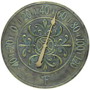 Blanc Fleur Aged Bronze - 15in Round Wall Thermometer, Aged Bronze Finish Case, Water Resistant Blanc Fleur Aged Bronze - 15in Round Wall Thermometer, Aged Bronze Finish Case, Water Resistant