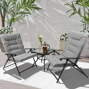 3 Pieces Patio Padded Folding Chair, Outdoor Adjustable Reclining Lounge Chairs with Tempered Glass Table (Grey) 3 Pieces Patio Padded Folding Chair, Outdoor Adjustable Reclining Lounge Chairs with Tempered Glass Table (Grey)