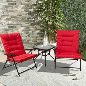 3 Pieces Patio Padded Folding Chair, Outdoor Adjustable Reclining Lounge Chairs with Tempered Glass Table (Red) 3 Pieces Patio Padded Folding Chair, Outdoor Adjustable Reclining Lounge Chairs with Tempered Glass Table (Red)