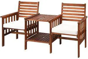 Acacia Wood Loveseat, 3pcs Outdoor Table Chairs Set, Patio Conversation Set w/Coffee Table and Soft Cushions, 2.1-inch Umbrella Hole, 2-Seater Furniture Set (White) Acacia Wood Loveseat, 3pcs Outdoor Table Chairs Set, Patio Conversation Set w/Coffee Table and Soft Cushions, 2.1-inch Umbrella Hole, 2-Seater Furniture Set (White)