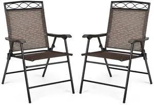 Set of 2 Patio Chairs, Outdoor Folding Lawn Chairs for Beach, Camping, Backyard, Deck, Sling Patio Dining Chair with Armrest and Metal Frame (Brown) Set of 2 Patio Chairs, Outdoor Folding Lawn Chairs for Beach, Camping, Backyard, Deck, Sling Patio Dining Chair with Armrest and Metal Frame (Brown)