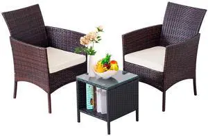 3 Pieces Patio Furniture Sets Outdoor PE Rattan Small Patio Furniture Set with Soft Cushion and Glass Coffee Table with Storage for Garden Backyard Porch Weather-Resistant (Brown/Beige-1) 3 Pieces Patio Furniture Sets Outdoor PE Rattan Small Patio Furniture Set with Soft Cushion and Glass Coffee Table with Storage for Garden Backyard Porch Weather-Resistant (Brown/Beige-1)