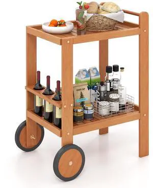 Wood Bar Cart, Outdoor Indoor 2 Tier Rolling Serving Cart with Wine Bottle Holders and 2 Rubber Wheels, Bar Table Beverage Drink Cart for Kitchen, Patio, Garden and Poolside, Natural Wood Bar Cart, Outdoor Indoor 2 Tier Rolling Serving Cart with Wine Bottle Holders and 2 Rubber Wheels, Bar Table Beverage Drink Cart for Kitchen, Patio, Garden and Poolside, Natural