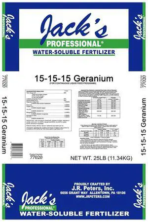 Jack's Professional 15-15-15 Geranium Water-Soluble Fertilizer with Micronutrients for Root Growth and Bud Set in Geraniums Grown in Continuous Liquid Feed Programs, 25lbs Jack's Professional 15-15-15 Geranium Water-Soluble Fertilizer with Micronutrients for Root Growth and Bud Set in Geraniums Grown in Continuous Liquid Feed Programs, 25lbs