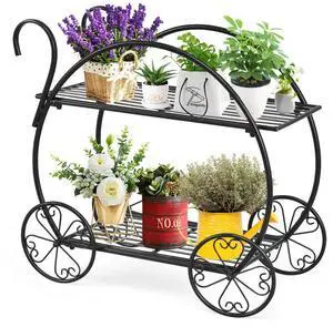 Garden Cart Metal Plant Stand with 4 Decorative Wheels, Succulent Collection Flower Pot Holder Display Shelf for Home Patio Garden Flower Shop, Parisian Style Plant Potted Rack (2-Tier) Garden Cart Metal Plant Stand with 4 Decorative Wheels, Succulent Collection Flower Pot Holder Display Shelf for Home Patio Garden Flower Shop, Parisian Style Plant Potted Rack (2-Tier)
