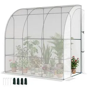 7' x 4' x 7' Outdoor Lean to Greenhouse, Walk-in Green House Plant Nursery with Roll-up Window, PE Cover, White 7' x 4' x 7' Outdoor Lean to Greenhouse, Walk-in Green House Plant Nursery with Roll-up Window, PE Cover, White