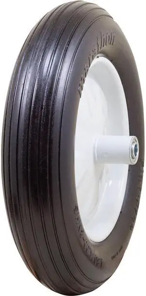 4.80/4.00-8" Flat Free Wheelbarrow Tire on Wheel, 6" Centered Hub, 5/8" Ball Bearings, Ribbed Tread 4.80/4.00-8" Flat Free Wheelbarrow Tire on Wheel, 6" Centered Hub, 5/8" Ball Bearings, Ribbed Tread